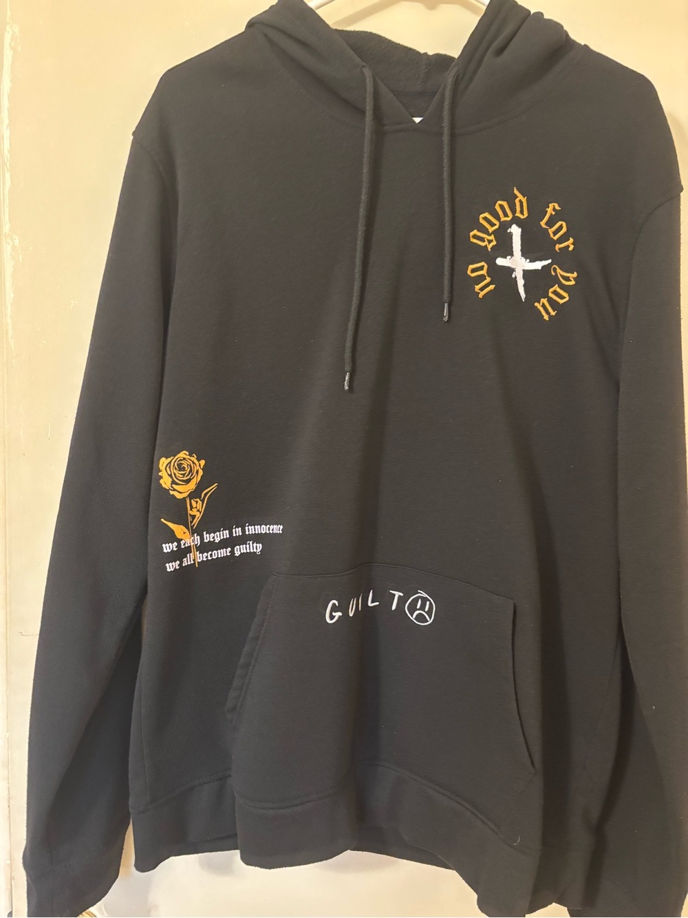 Rue21 Black Hoodie with Yellow Rose and 'Guilt' Pocket Script